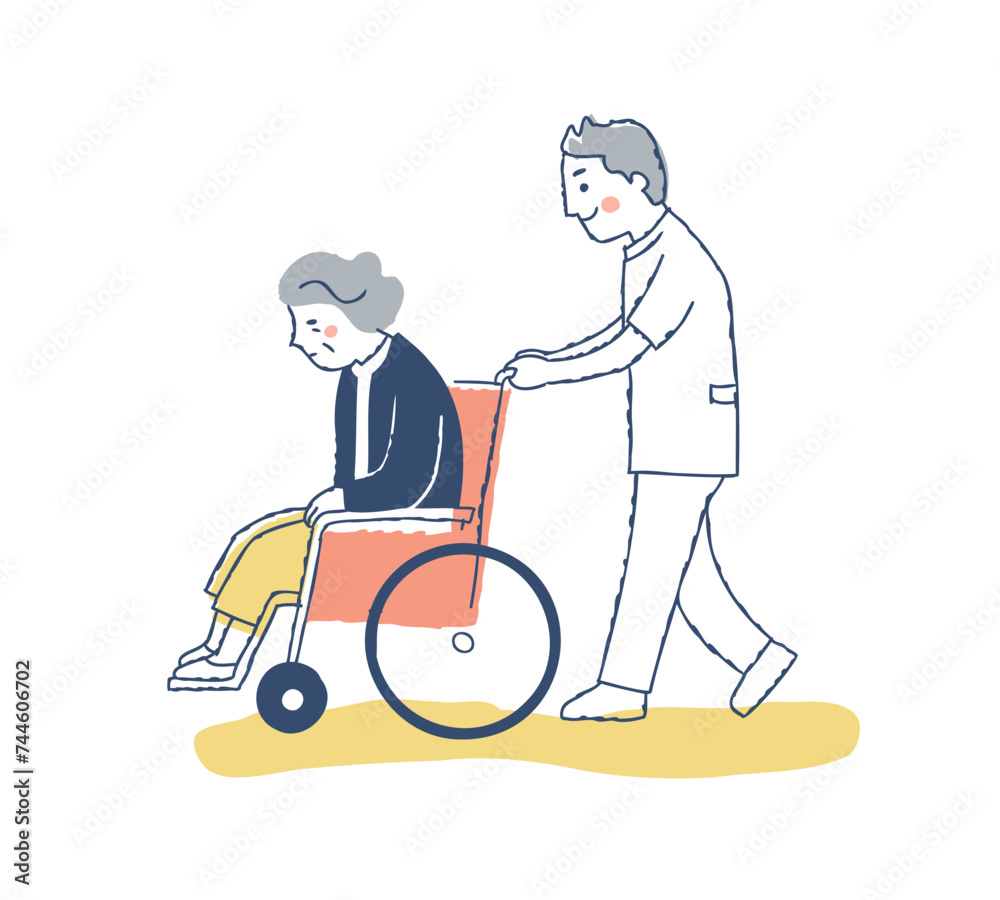 車椅子に乗ったシニア女性と男性看護師 車椅子に乗ったシニア女性と男性看護師