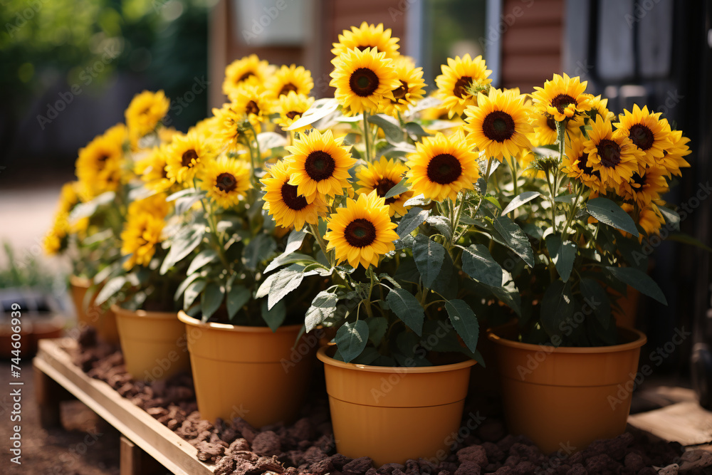 Sunflower In Flower Pots In The Front yard