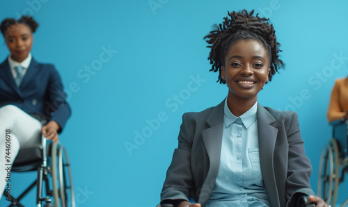 Inclusive image of a disabled corporate black African American businesswoman in wheelchair, blue background. AI generated