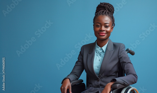 Inclusive image of a disabled corporate black African American businesswoman in wheelchair, blue background. AI generated
