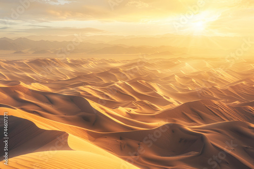Vast desert panorama with endless dunes, shimmering heat haze.