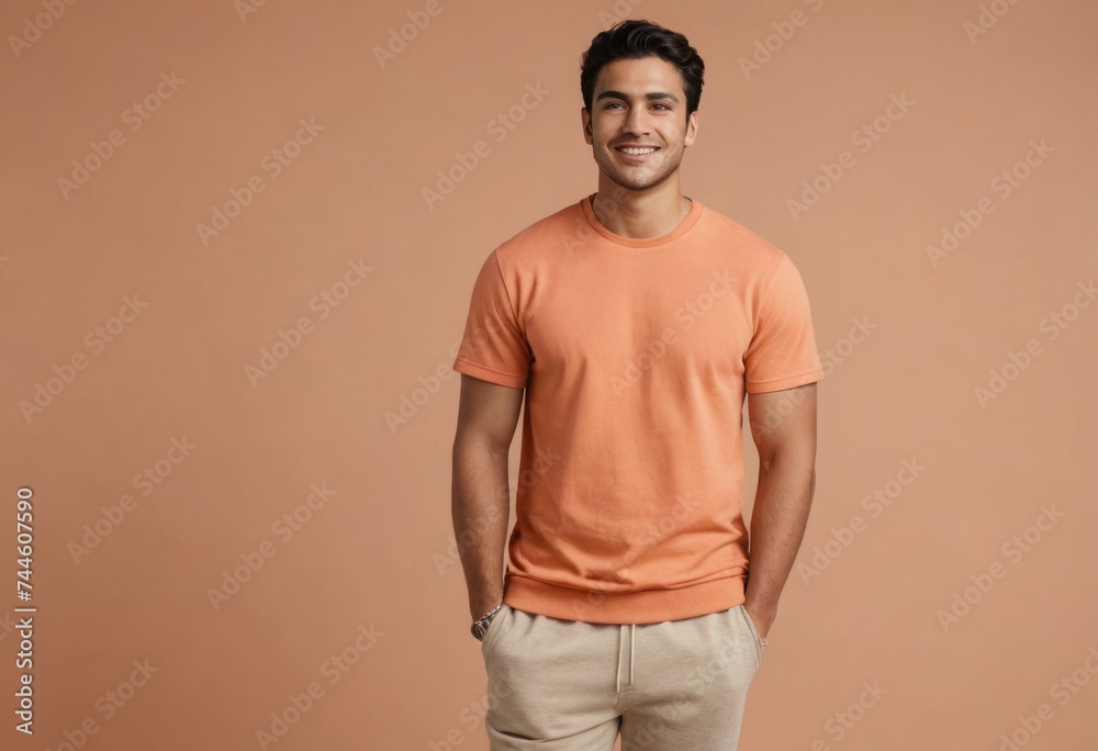 A friendly man in a peach t-shirt, his inviting smile and casual pose suggest comfort and approachability. A friendly man in a peach t-shirt, his inviting smile and casual pose suggest comfort and approachability.