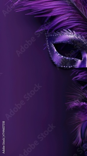 Background on the theme of the Mardi Gras holiday. Purple color palette Feathers Masks