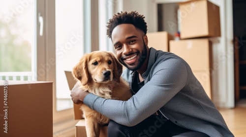 A happy smiling black man hugging his beloved dog against the background of Boxes in a New House. Housewarming, Home Buying concepts.