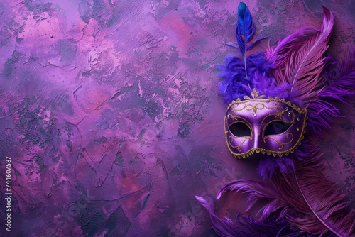 Background on the theme of the Mardi Gras holiday. Purple color palette Feathers Masks