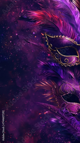 Background on the theme of the Mardi Gras holiday. Purple color palette Feathers Masks