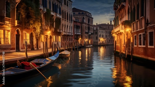 Canal in Venice at night, Italy. Panoramic view