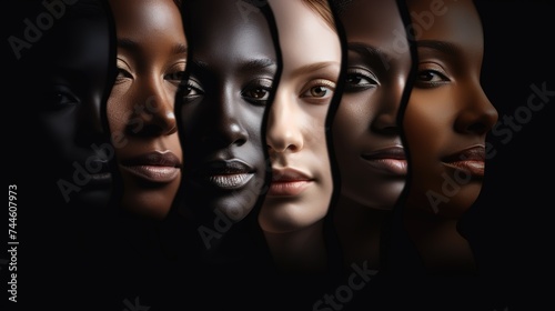 Human face made from portrait of different people of diverse age, gender and race over black background. Generative AI photo