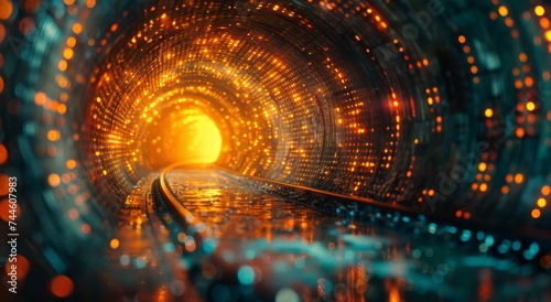 Amber lights guide the train through the dark tunnel, illuminating the path ahead on a quiet night journey