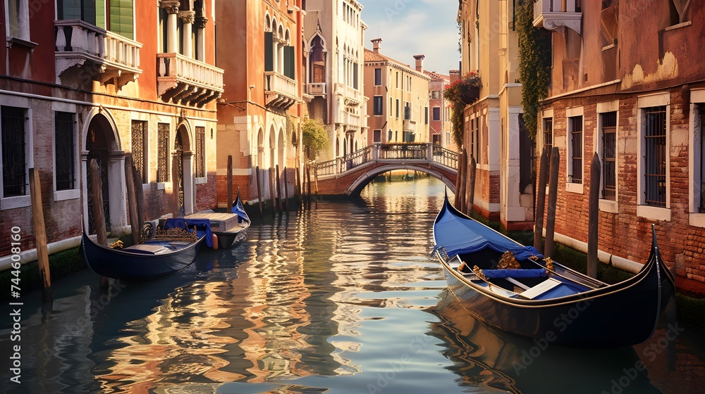 Venice, Italy. Panoramic view of canal with gondolas