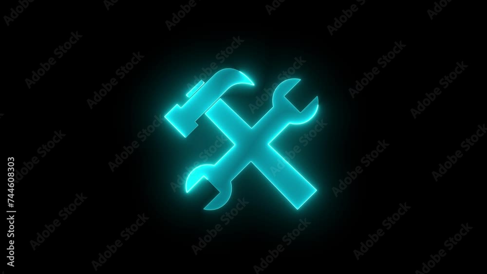 Tools icon glowing neon cyan color animation black background Tools icon glowing neon cyan color animation black background
