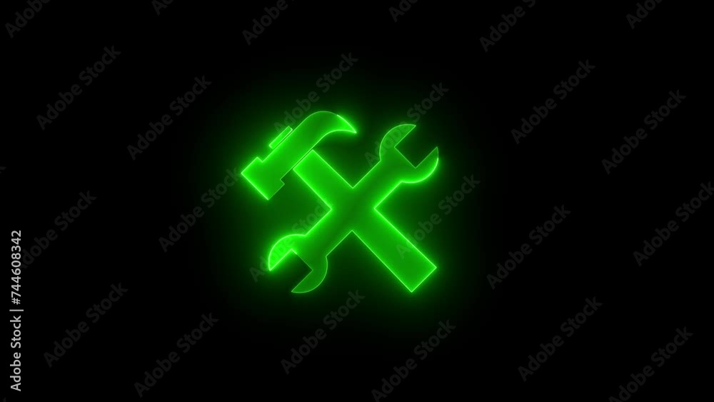 Tools icon glowing neon green color animation black background Tools icon glowing neon green color animation black background