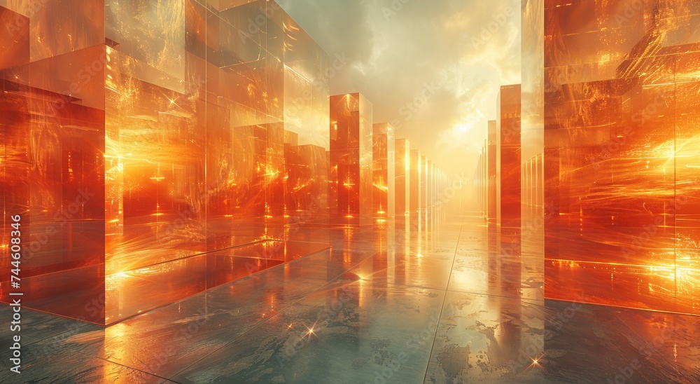 The glass building glimmered with amber hues, the light dancing off its many columns, creating a mesmerizing reflection that was a true work of art