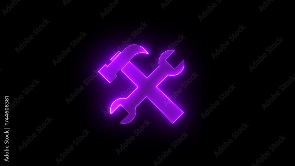 Tools icon glowing neon purple color animation black background Tools icon glowing neon purple color animation black background