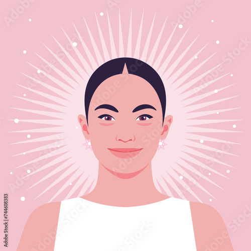 A face of a happy young woman with down syndrome. Portrait of a fashion model. Vector flat Illustration