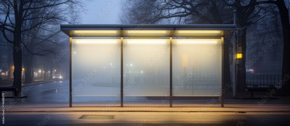 Translucent polycarbonate bus shelter with no people, providing protection from the elements at a transport station outside the city.