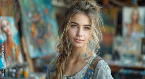 Wallpaper Mural A captivating portrait of a stylish woman adorned in painted designs, her long hair cascading over her human face as she poses confidently indoors Torontodigital.ca