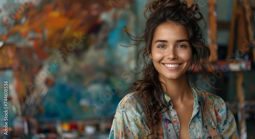 A vibrant portrait of a carefree woman, her face illuminated with a genuine smile as her hair dances in the wind, captured in a stunning painting that exudes joy and beauty