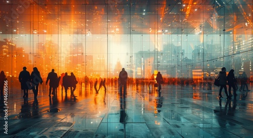 A group of people wander through a city street at night, their reflections shimmering in the rain-soaked glass walls as they admire the illuminated artwork within