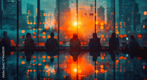 Amidst the bustling city streets, a group of individuals sit on a glass floor, their reflections blending with the towering skyscrapers and the soft light of the urban landscape, creating a living wo