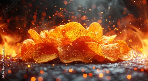 A fiery feast awaits as a stack of sizzling chips radiate heat and emit sparks of amber fire, tempting the taste buds with their vibrant orange flame photo