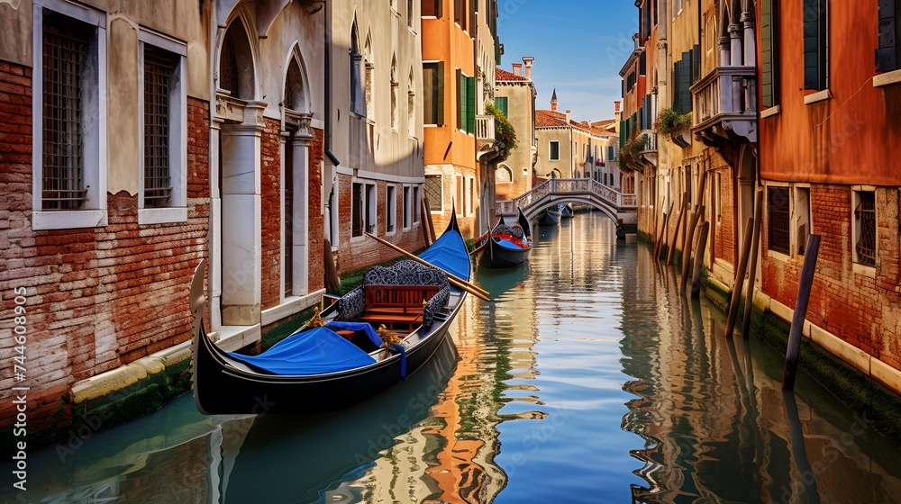 Panoramic view of Venice canal with gondolas. Italy