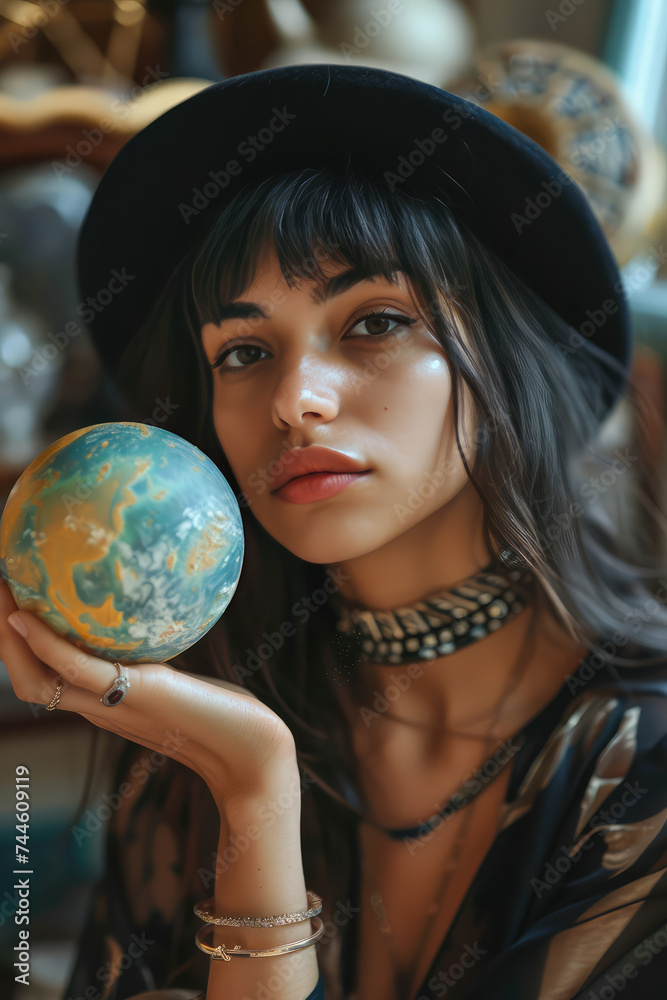 Naklejka premium Mystic Astrologer with a Celestial Sphere. Portrait of a young pretty woman holding a planet sphere, symbolizing astrology and mysticism.