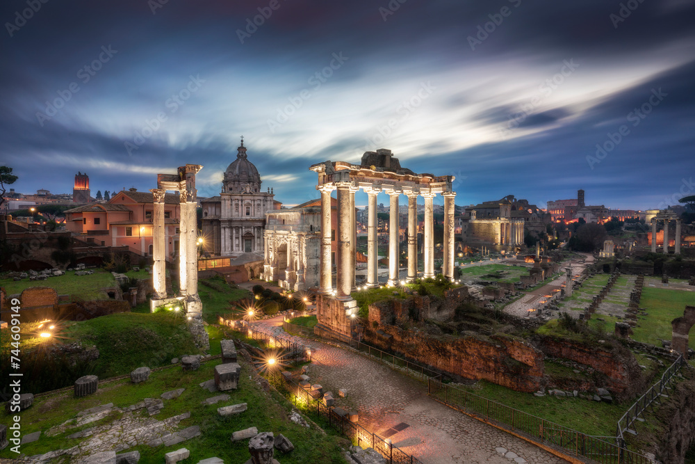 Roman Forum empty at sunrise without people