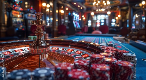 Amidst the chaotic energy of a bustling casino, a vibrant roulette wheel beckons with its stacks of poker chips, promising the thrill of risk and the rush of potential winnings