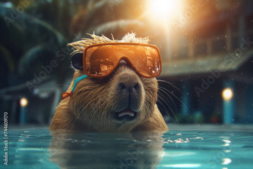 Cute capybara in swimming glasses swims in a pool with turquoise water. Funny rodent on the background of palm trees and a luxury hotel. Generated by AI.