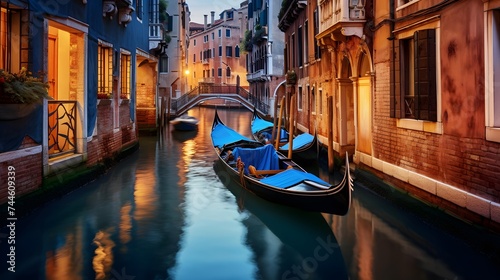 canal with gondolas in venice at sunset, italy © I