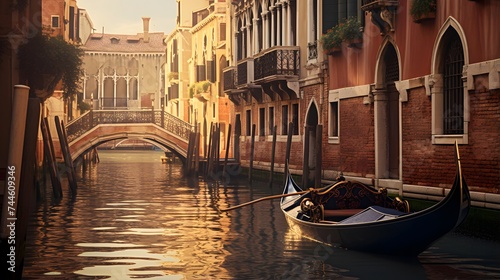 Venice canal with gondolas at sunset, Italy, Europe © I