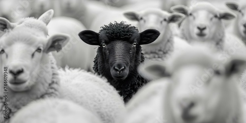 Unique black sheep surrounded by white ones standing out in the crowd. Concept Black Sheep Unique, Standing Out, White Sheep, Crowd, Contrasts photo