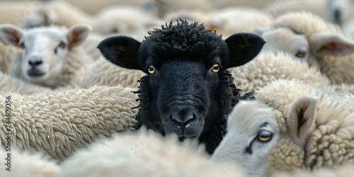 Standing Out: The Unique Black Sheep Amongst a Sea of White. Concept Uniqueness, Individuality, Standing Out, Black Sheep, White Sheep