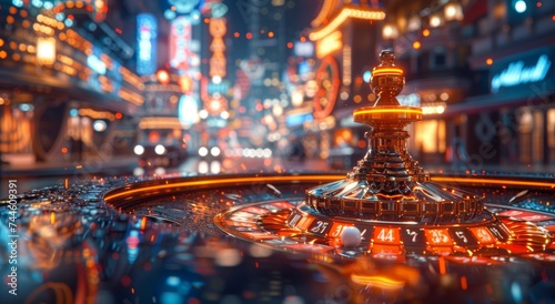 Amidst the bustling cityscape, a roulette wheel spins under the glow of streetlights, its reflection shimmering in the nearby fountain, as the night sky watches on