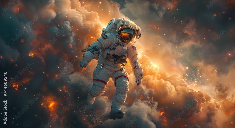 A daring astronaut races through the vast expanse of space, captured in stunning cg artwork for a thrilling action-adventure game, bringing to life a dynamic and heroic anime character in this digita - obrazy, fototapety, plakaty 