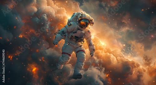 A daring astronaut races through the vast expanse of space, captured in stunning cg artwork for a thrilling action-adventure game, bringing to life a dynamic and heroic anime character in this digita photo