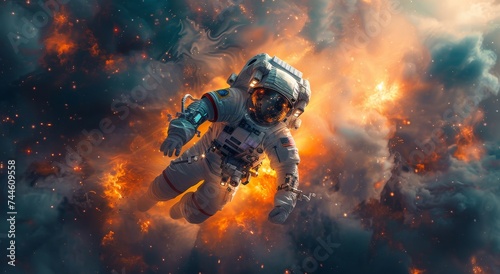 An astronaut battles the unknown in a thrilling digital world, combining elements of gaming and cinema to capture the awe-inspiring beauty and danger of outer space