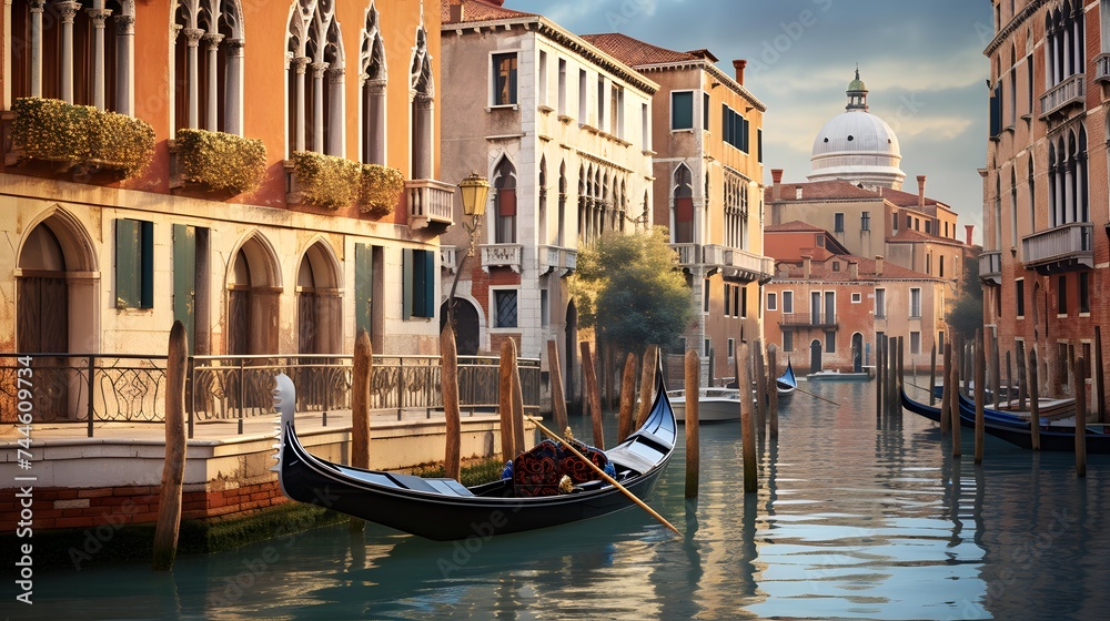 Gondolas in Venice, Italy. Panoramic image.