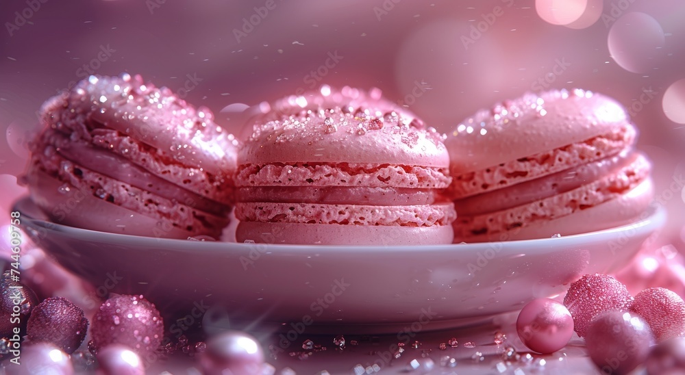 A heart-shaped plate holds a delightful display of pink macaroons, exuding sweetness and tempting the senses with its confectionery charm A heart-shaped plate holds a delightful display of pink macaroons, exuding sweetness and tempting the senses with its confectionery charm