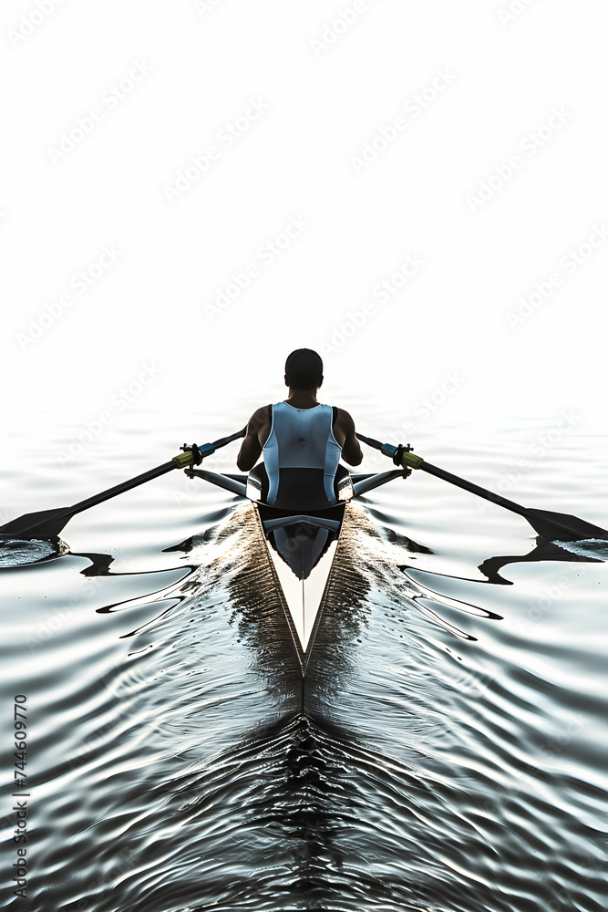 Naklejka premium Athletic man rowing, reflection on water surface, high contrast.