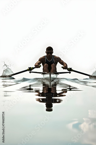 Rower in action on calm water, silhouette against light backdrop.
