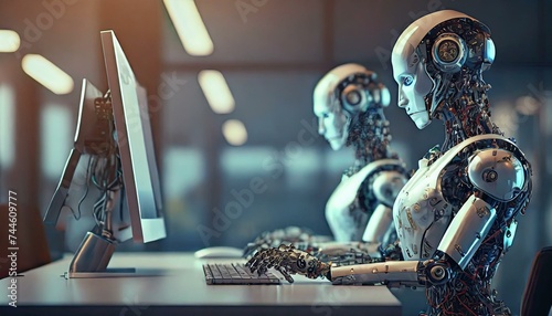Artificial intelligence in action: white human-like robot working on computer and monitor screen in the lab, high-tech state-of-the-art humanoid android workforce concept 