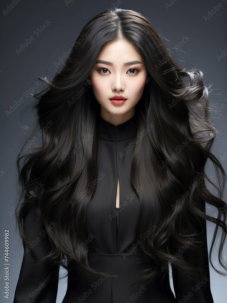 Beautiful fashion chinese model girl with black voluminous long straight hair for commercial shampoo ad concept from Generative AI