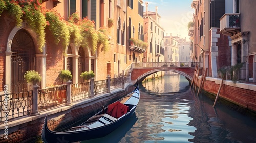 Panoramic view of a canal with gondola in Venice, Italy
