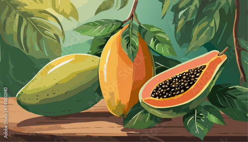 Illustration of a papaya fruit and leaf