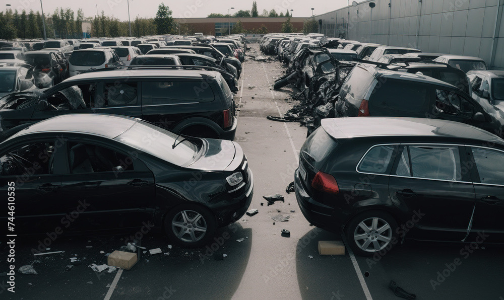 Cars and other vehicles are damaged in parking lot after hurricane