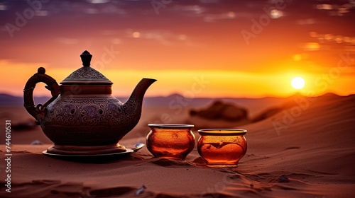 Oriental teapot and cup in desert at sunset. Tea preparation on sand, Generative AI