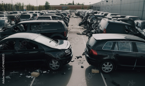Cars and other vehicles are damaged in parking lot after hurricane © Vadim