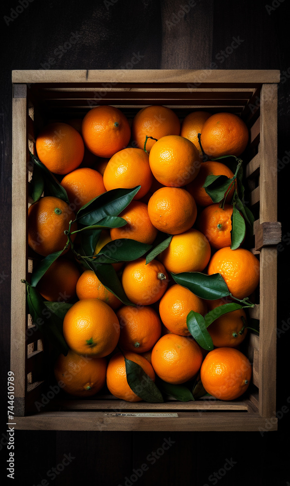 Fresh oranges in wooden box on dark background